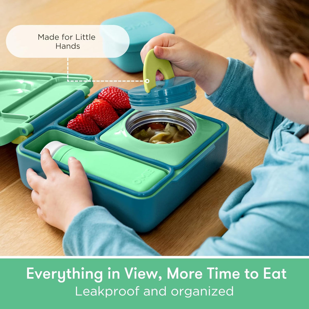 OmieBox Bento Box for Kids - Insulated Bento Lunch Box with Leak Proof Thermos Food Jar - 3 Compartments, Two Temperature Zones - (Meadow)