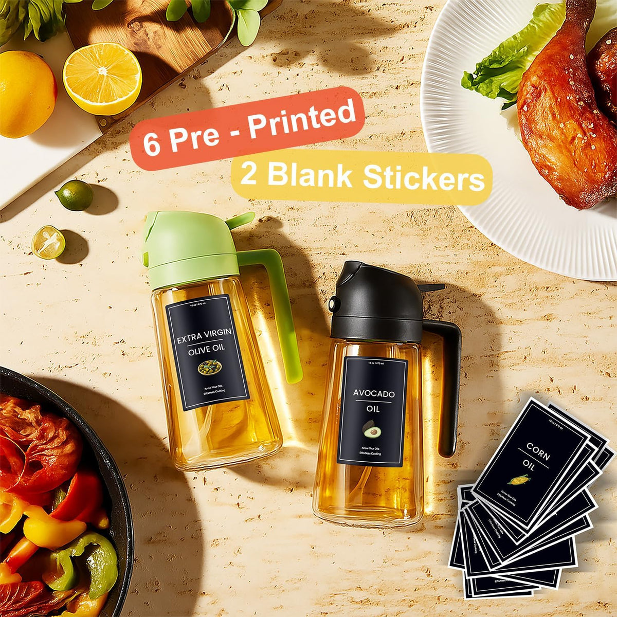 CXINYI - 16oz/470ml Olive Oil Dispenser for Kitchen with Stickers - 2 in 1 Olive Oil Sprayer for Cooking, Air Fryer, and Salad, Black&Green (Light-Proof Kitchen Gadget)