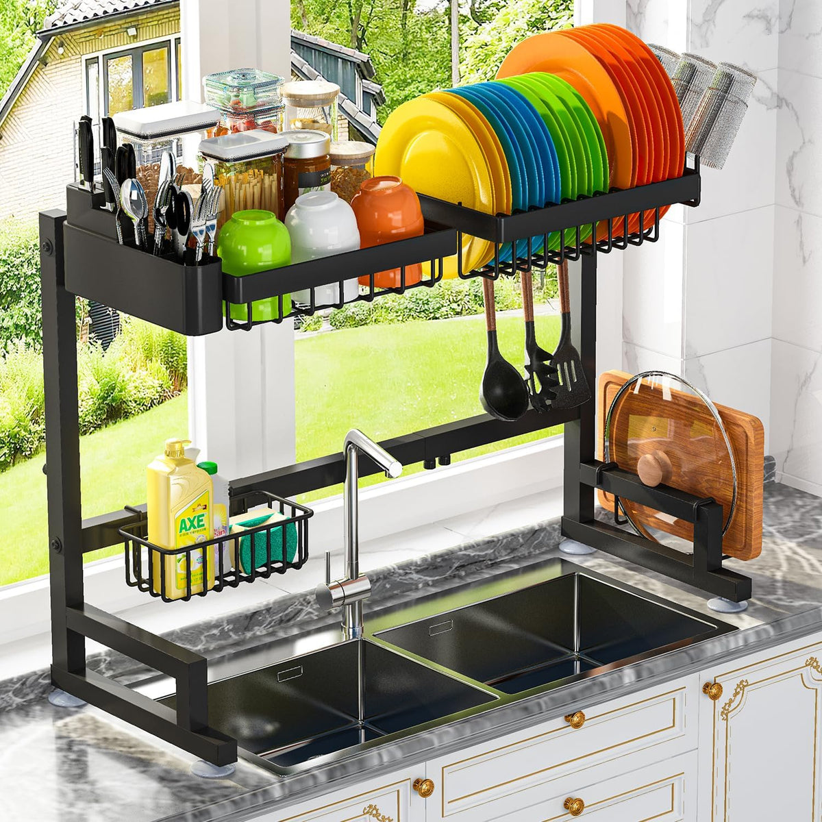 ADBIU Fit Sink 24.5"- 35.5" L Over Sink Dish Drying Rack (Expandable Dimension) Snap-On Design 2 Tier Large Kitchen Dish Rack Stainless Steel Counter Organization and Storage