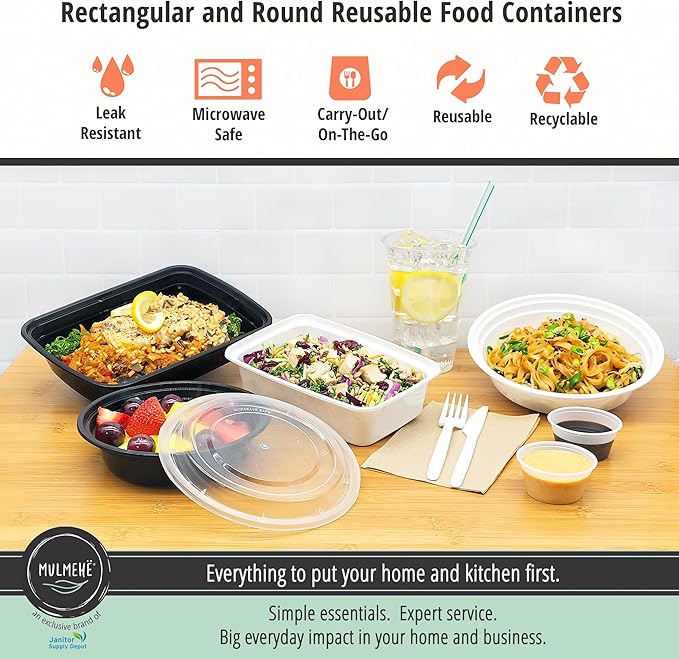 MULMEHË Plastic Food Storage Take-Out Container and Lid Combo, 38 oz, Microwaveable, Rectangular, Black, 8.5x6x2, Set of 150
