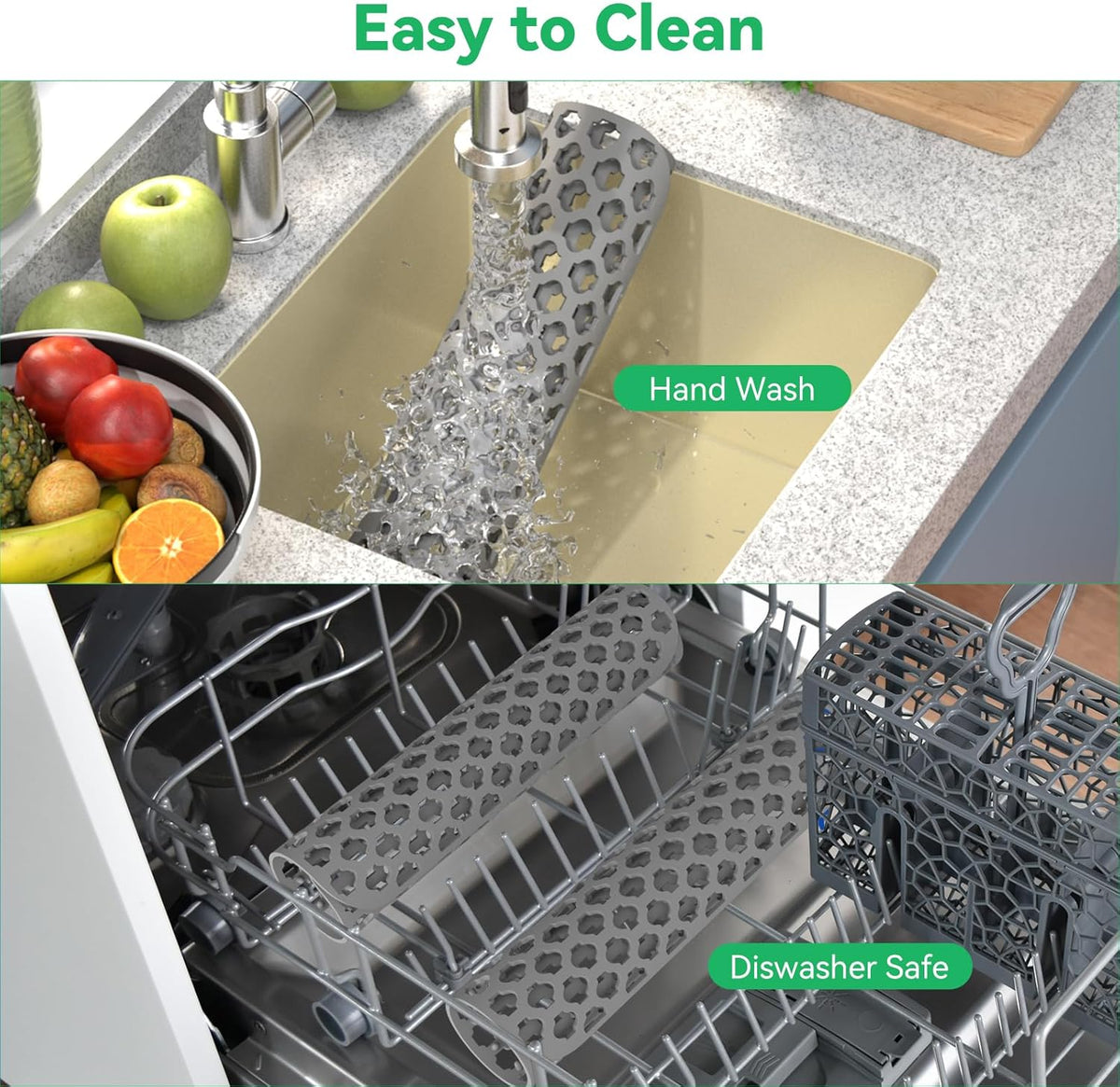 TOOVEM Kitchen Sink Mats, 2PCS Non-Slip Heat Resistant Silicone Sink Protector Mat, Folding Farmhouse Rear Drain Sink Mats, Side Drain, Grey