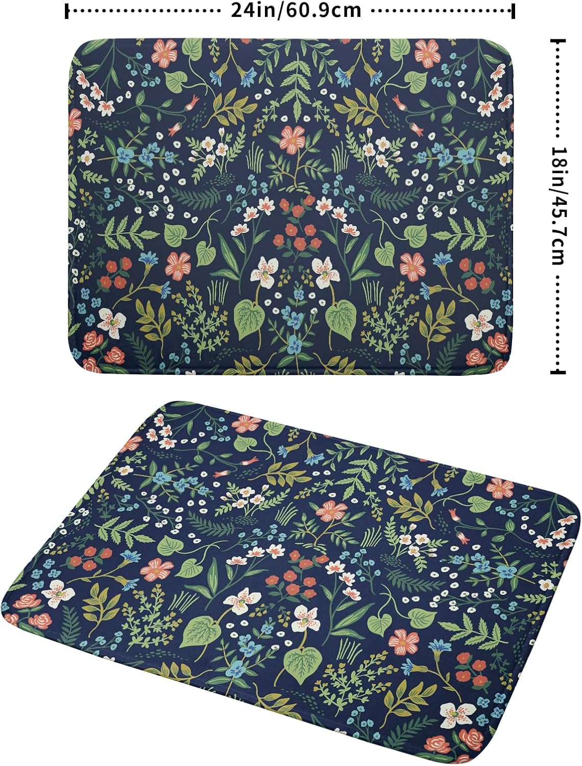 Flower Floral Dish Drying Mat 18x24 inch Microfiber Navy Blue Drying Mats with Hanging Loop Absorbent Green Leaves Dish Drainer Mat Reversible Flowers Drying Pad for Kitchen Counter Sink
