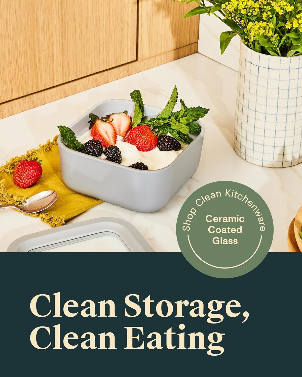 Caraway Glass Food Storage - 4.4 Cup Glass Container - Ceramic Coated Food Container - Non Toxic, Non Stick Lunch Box Container with Lids. Dishwasher, Oven, & Microwave Safe - Cream