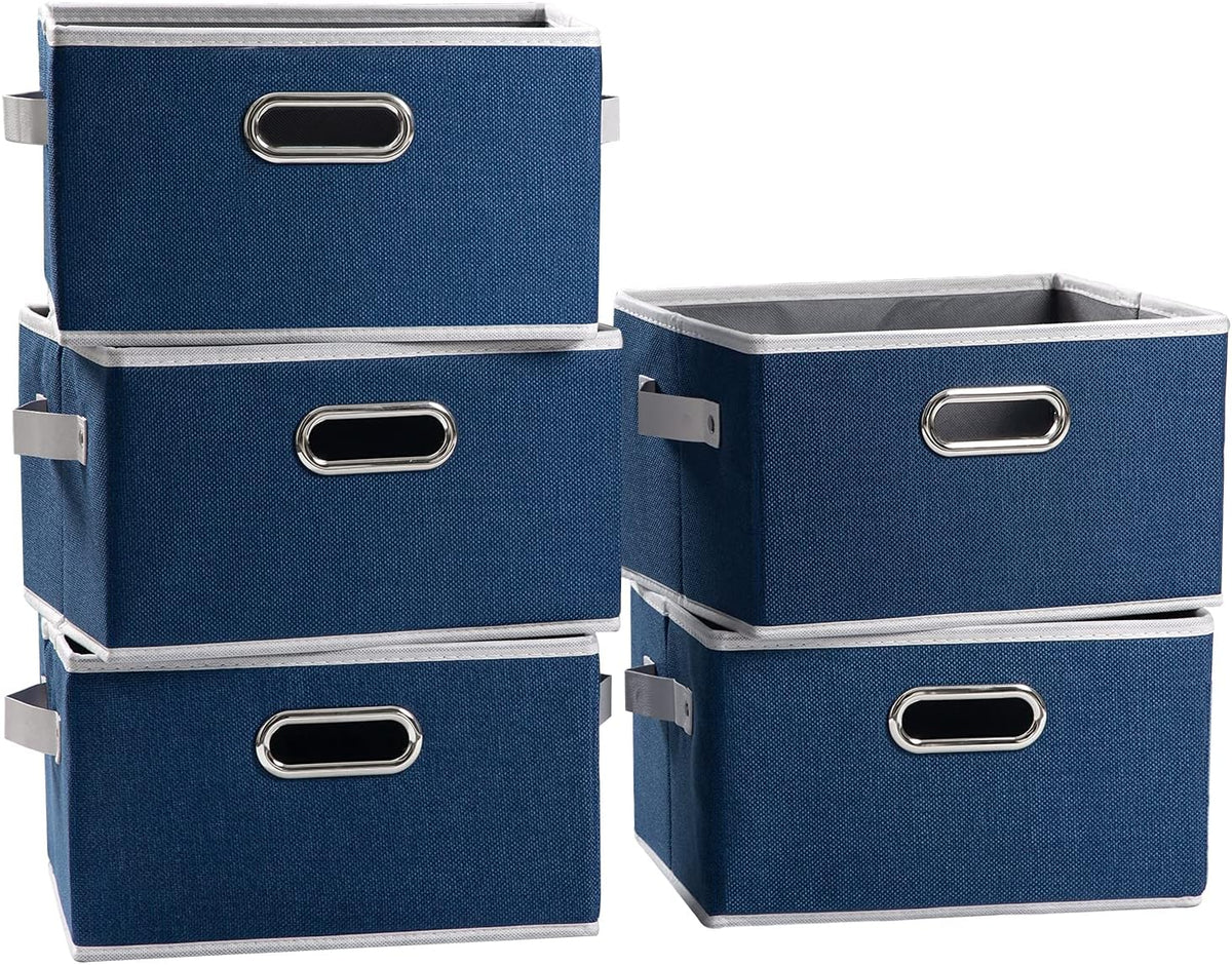 PRANDOM Fodable Storage Baskets for Closet [5-Pack] Decorative Fabric Storage Bins Cubes with Leather/Metal Handles for Shelves Bedroom Living Room Royal Blue (11.5x8.5x6.7 Inch)