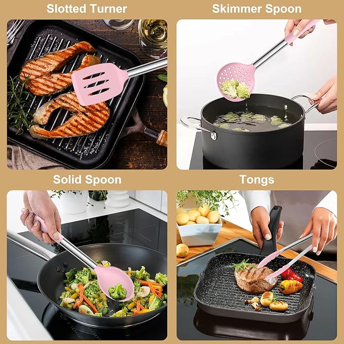 E-far Silicone Cooking Utensils Set, 7 Pcs Heat Resistant Kitchen Utensils with Stainless Steel Handle, Slotted Turner, Spoon, Soup Ladle, Pasta Server, Skimmer, Tongs for Nonstick Cookware, Pink