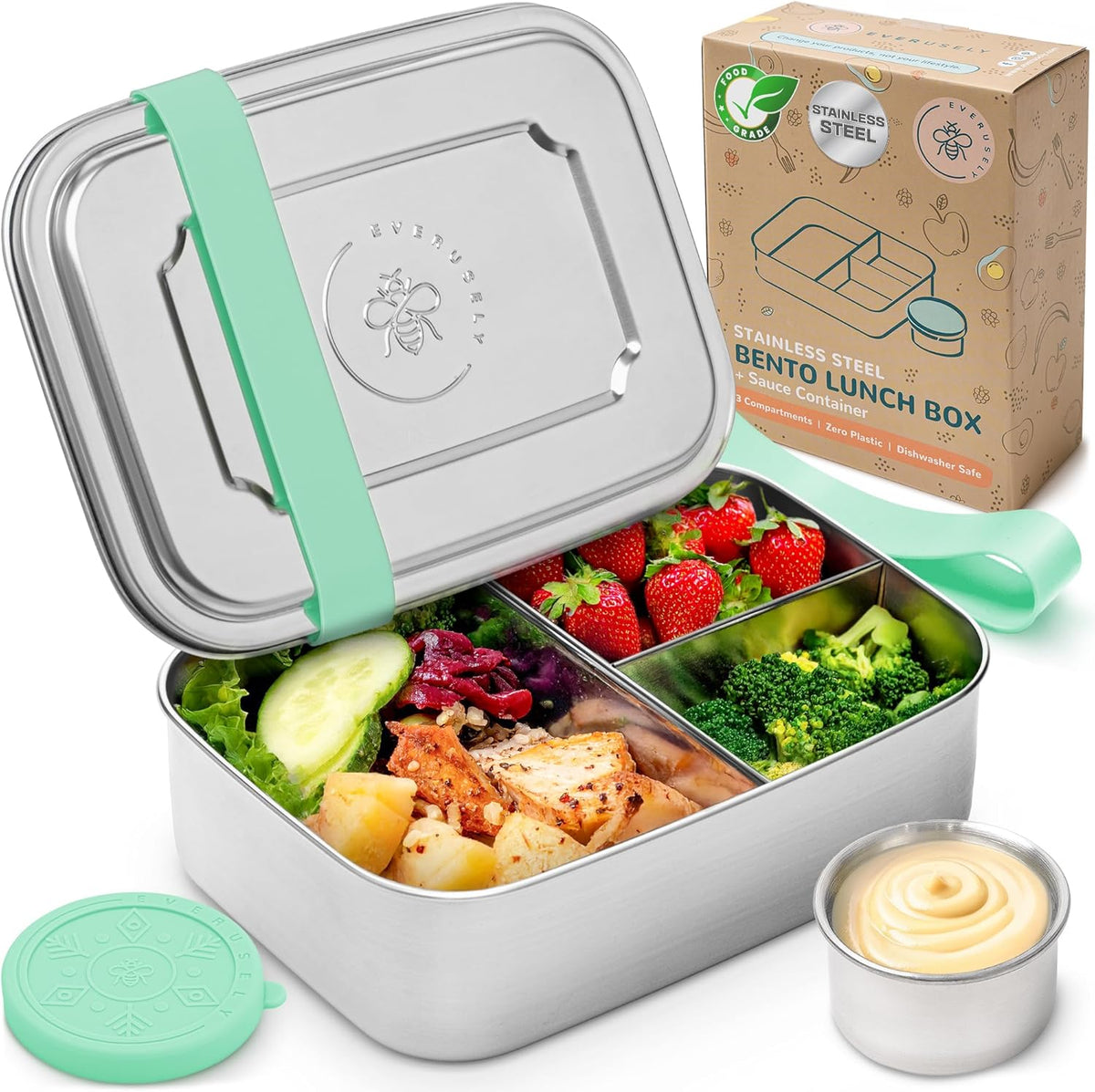Everusely - Bento Box - Green, 47oz / 1.4 L - Stainless Steel Lunch Box with Leakproof Condiment Container - 3 Compartment Snack Organizer for On the Go Meals - Freezer & Dishwasher Safe