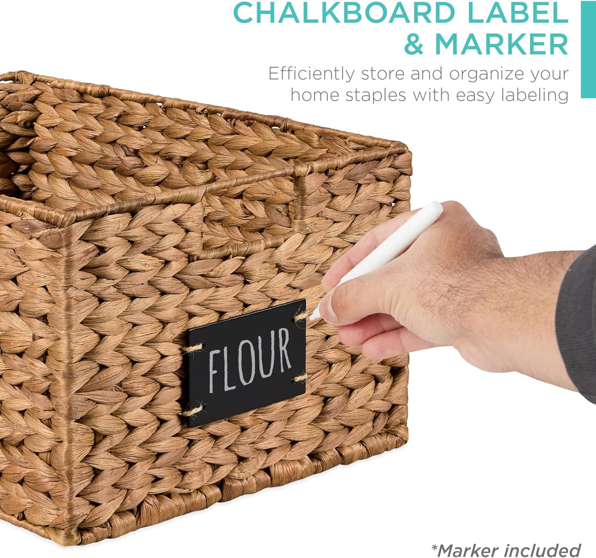 Best Choice Products Pantry Baskets Set of 2 16x12in Water Hyacinth Storage Baskets, Woven Wicker Kitchen Organizers with handles w/Chalkboard Label Chalk Marker - Chestnut