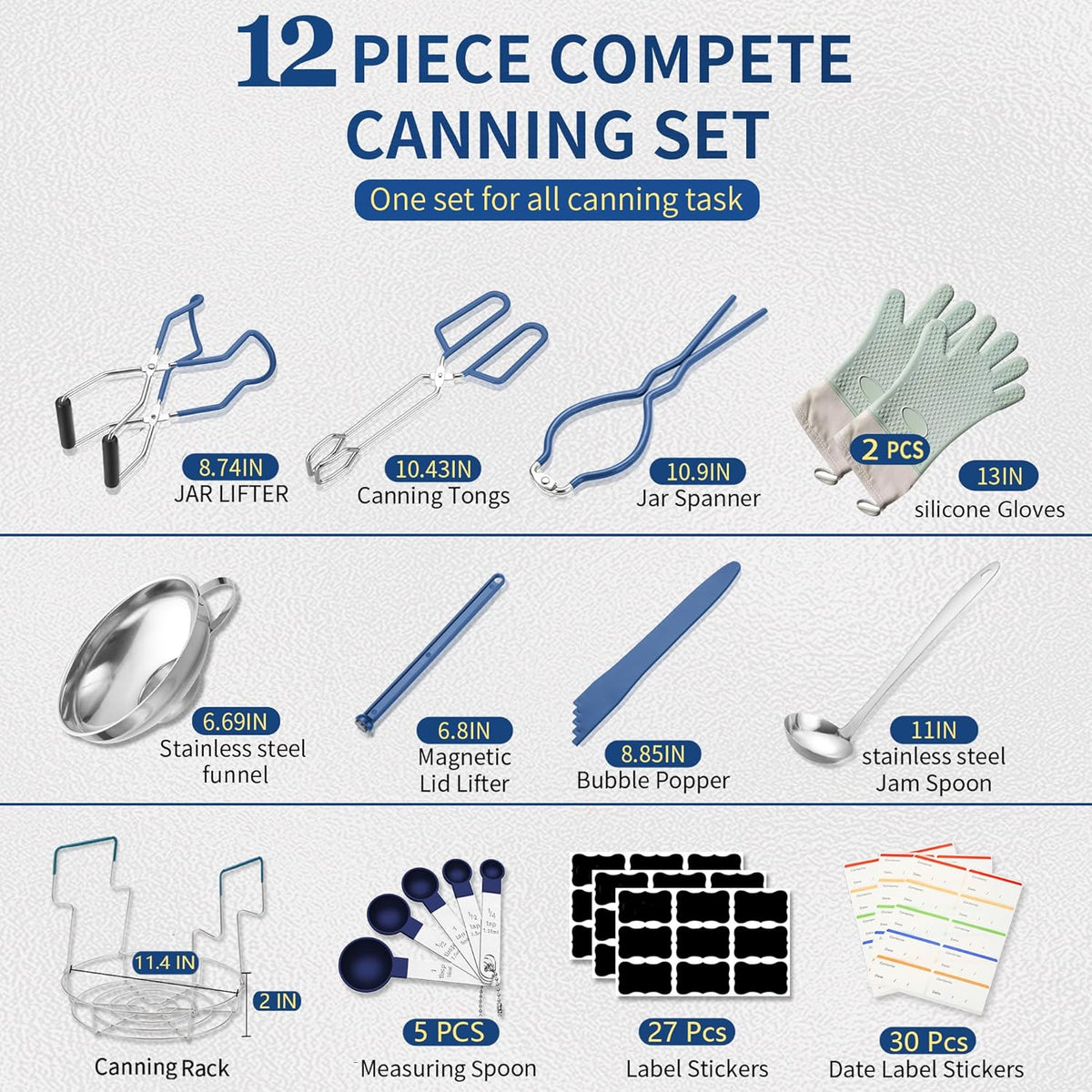 Canning Supplies Starter Kit,Canning Kit for Beginners of 12 with Rack，Silicone Oven Gloves，Jar Lifter，Funnel,Wrench,Tongs,Lid Lifter,Bubble Popper,Labels,ladle,Measuring spoon-G12-Blue