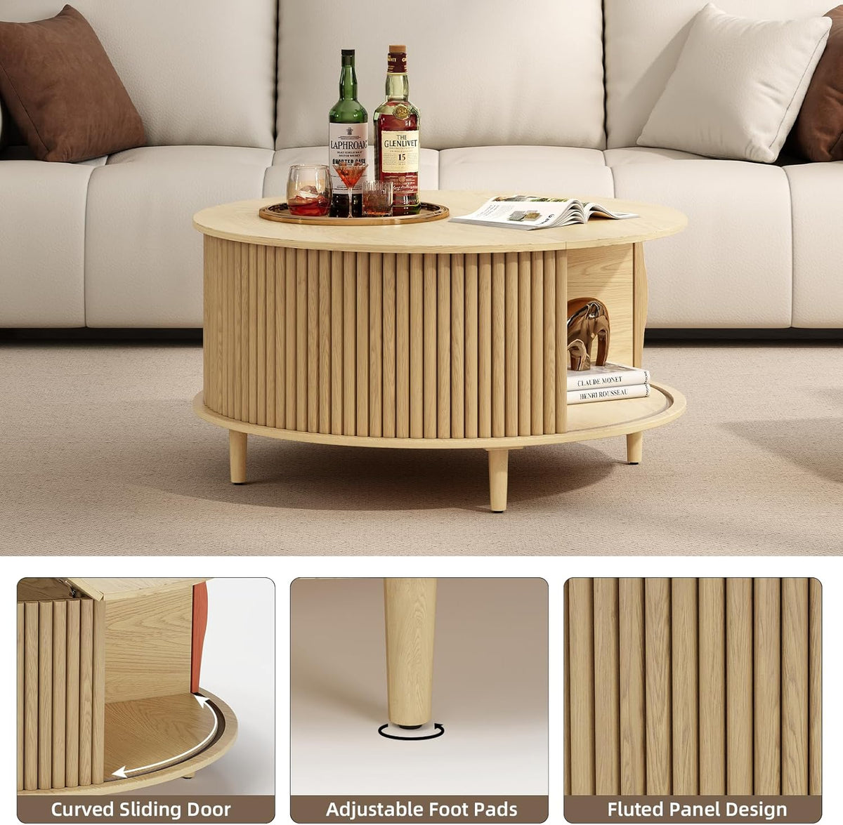Round Coffee Table with Storage,31.5" Mid Century Modern Coffee Table with Hidden Compartment,Fluted Center Table for Living Room,Home Small Space,Oak