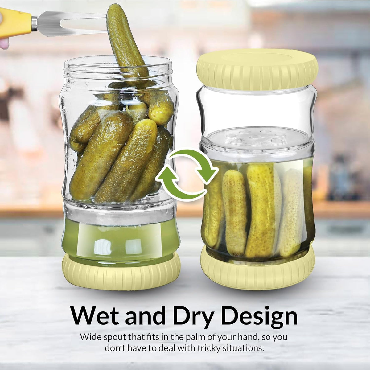 40oz Glass Pickle Jar with Strainer Flip - Pickle Storage Container with Airtight Lid, BPA-Free, Dishwasher Safe, Fermentation Hourglass Jar for Kimchi, Olives, Jalapeno, Gherkins (Yellow)
