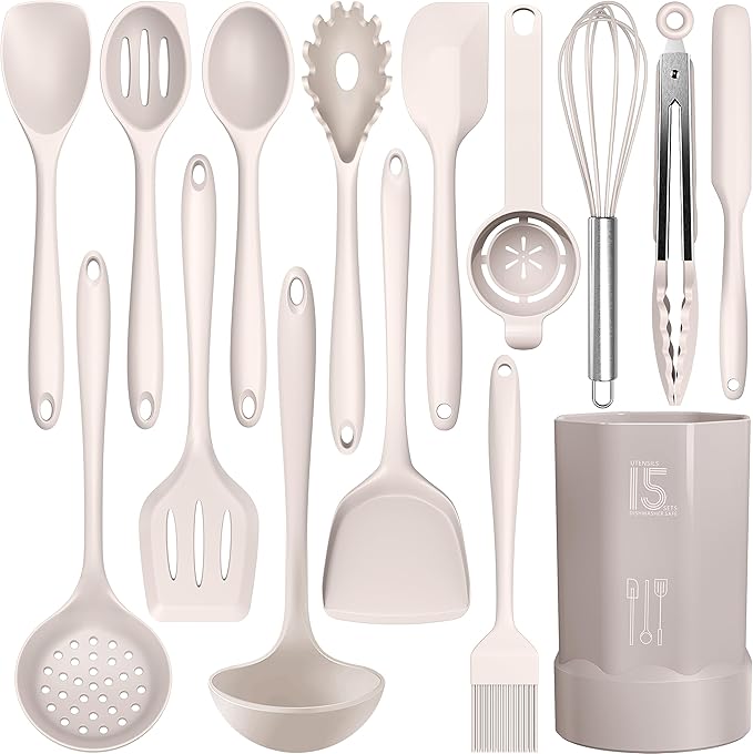 AOTHOD Silicone Cooking Utensils Set - 446°F Heat Resistant Kitchen Utensils,Turner Tongs,Spatula,Spoon,Brush,Whisk,Kitchen Utensil Gadgets Tools Set for Nonstick Cookware,Dishwasher Safe (BPA Free)
