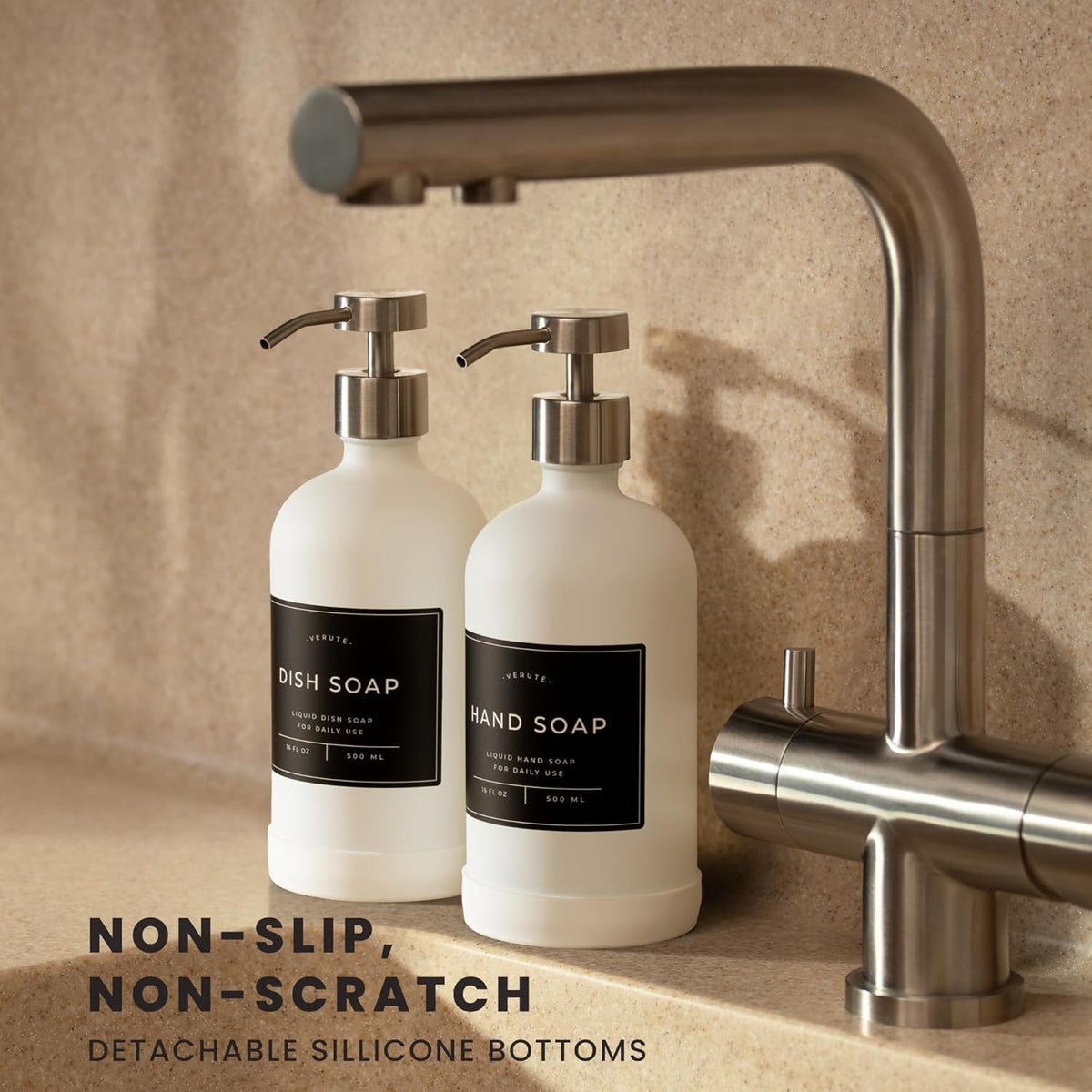 16oz Glass Soap Dispenser with Stainless Steel Pump, 21 Waterproof Labels, Non-Slip Protective Silicone Pad, Set of 2 for Bathroom & Kitchen (Matte White Bottle/Brushed Silver Pump)