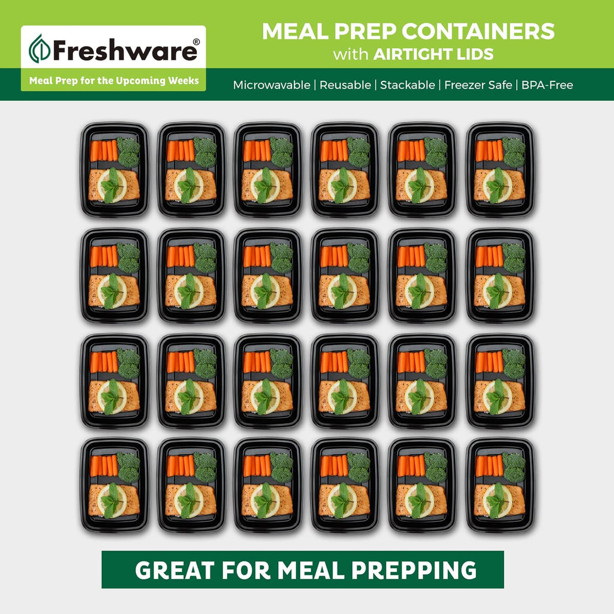 Freshware Meal Prep Containers [150 Pack] 1 Compartment with Lids, Food Storage Containers, Bento Box, BPA Free, Stackable, Microwave/Dishwasher/Freezer Safe (16 oz),Black