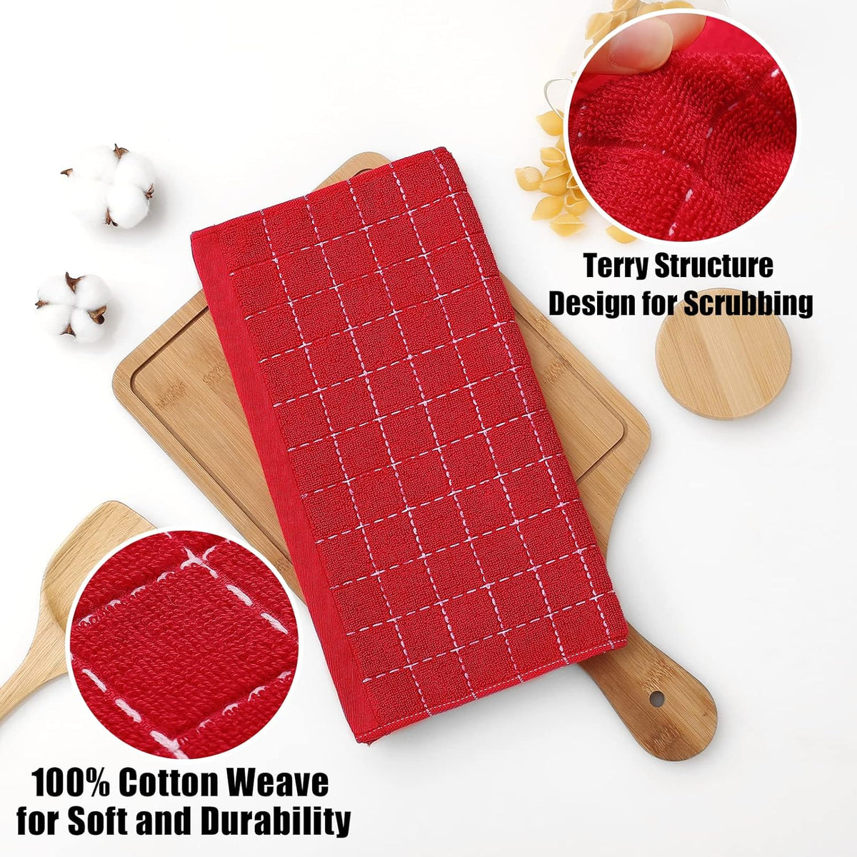 Homaxy 100% Cotton Terry Kitchen Dish Cloths, Ultra Soft and Absorbent Dish Towels for Kitchen, Suitable for Drying and Washing Dishes, 6 Pack, 12 x 12 Inches, Red