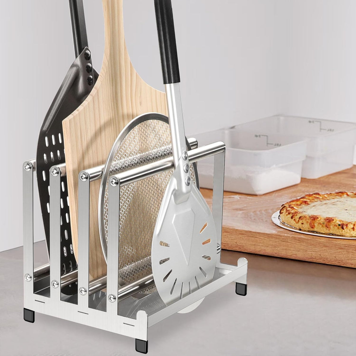 Pizza Peel Rack Stainless Steel With Non-Slip Feet Pizza Turning Peel Pizza Paddle Holder Rack 4 Available Slots Organizing and Saving Space, No Pizza Oven Tools, silver