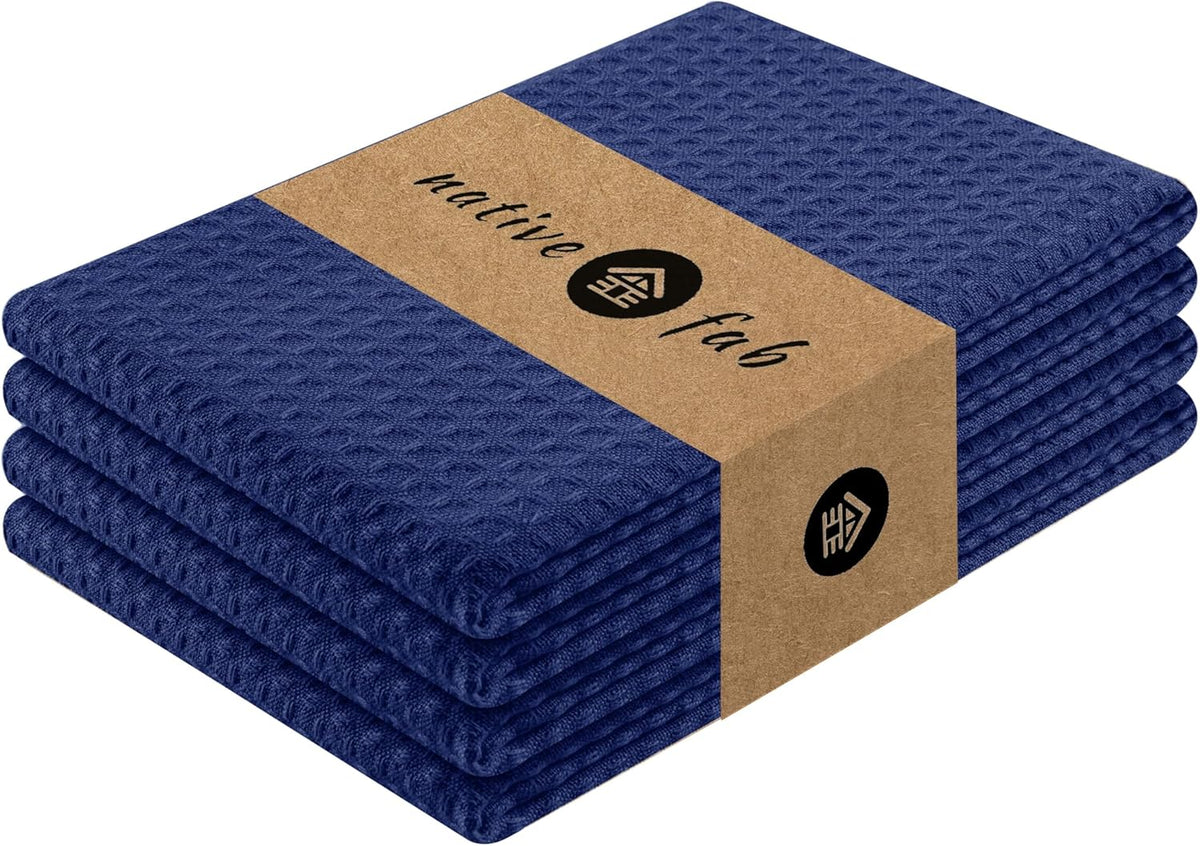 Native Fab Waffle Kitchen Towels 4 Pack - Super Absorbent 100% Cotton Dish Towel for Cleaning, Drying, Cooking - Durable, Soft Kitchen Essentials for Home Use, 16x26 inches - Ink Blue