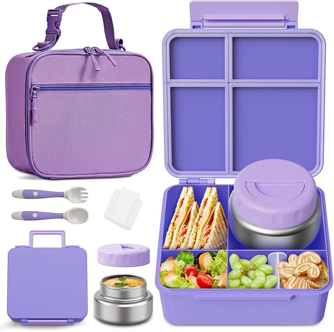 Bento Box for Kids with Thermo Food Container (9oz), 4-Compartment Lunch Box, Adjustable Divider, Leakproof Bento Lunch Box, Includes Utensils & Carry Bag for School, Office(Purple)
