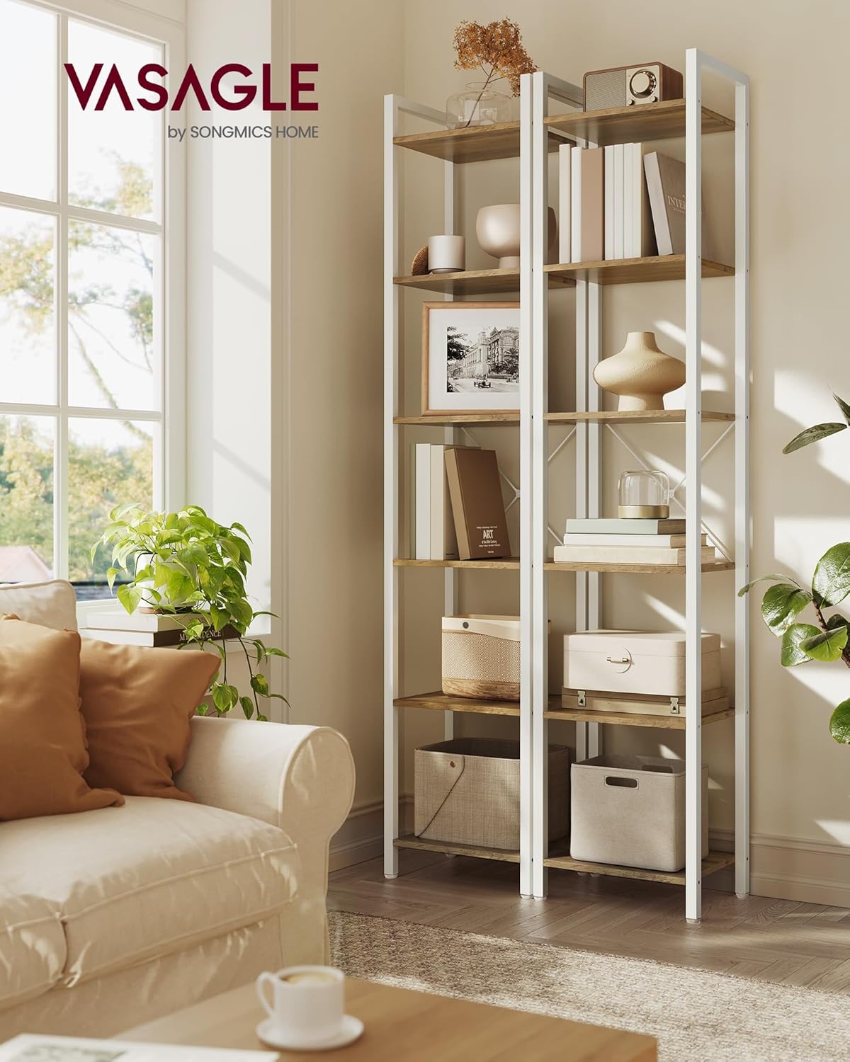 VASAGLE 6-Tier Bookshelf, Bookcase with Steel Frame, Book Shelf for Living Room, Home Office, Study, 11.8 x 15.7 x 73.2 Inches, Industrial Style, Honey Brown and Cloud White ULLS101K02