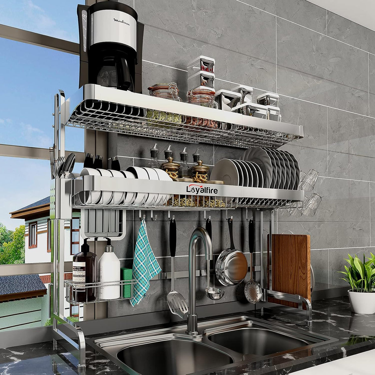 Over Sink Dish Drying Rack, 3 Tier Adjustable Length (20.87'' to 37.6'') Full Stainless Steel Large Storage Kitchen Dish Rack, Expandable Drainer Shelf Rack with Multifunctional Organizers