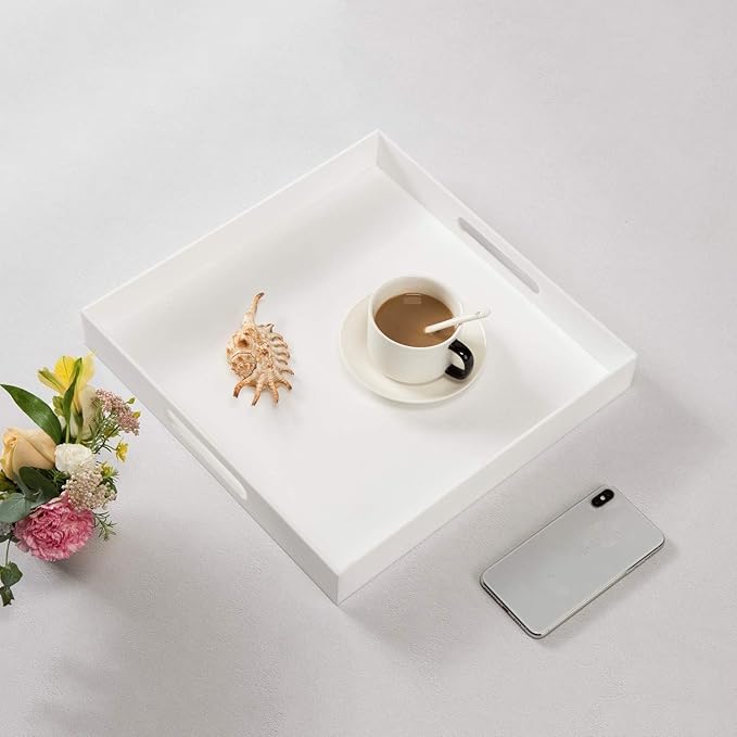 Glossy White Sturdy Acrylic Serving Tray with Handles-14x14Inch-Serving Coffee,Appetizer,Breakfast,Butler-Kitchen Countertop Tray-Makeup Drawer Organizer-Vanity Table-Ottoman Tray