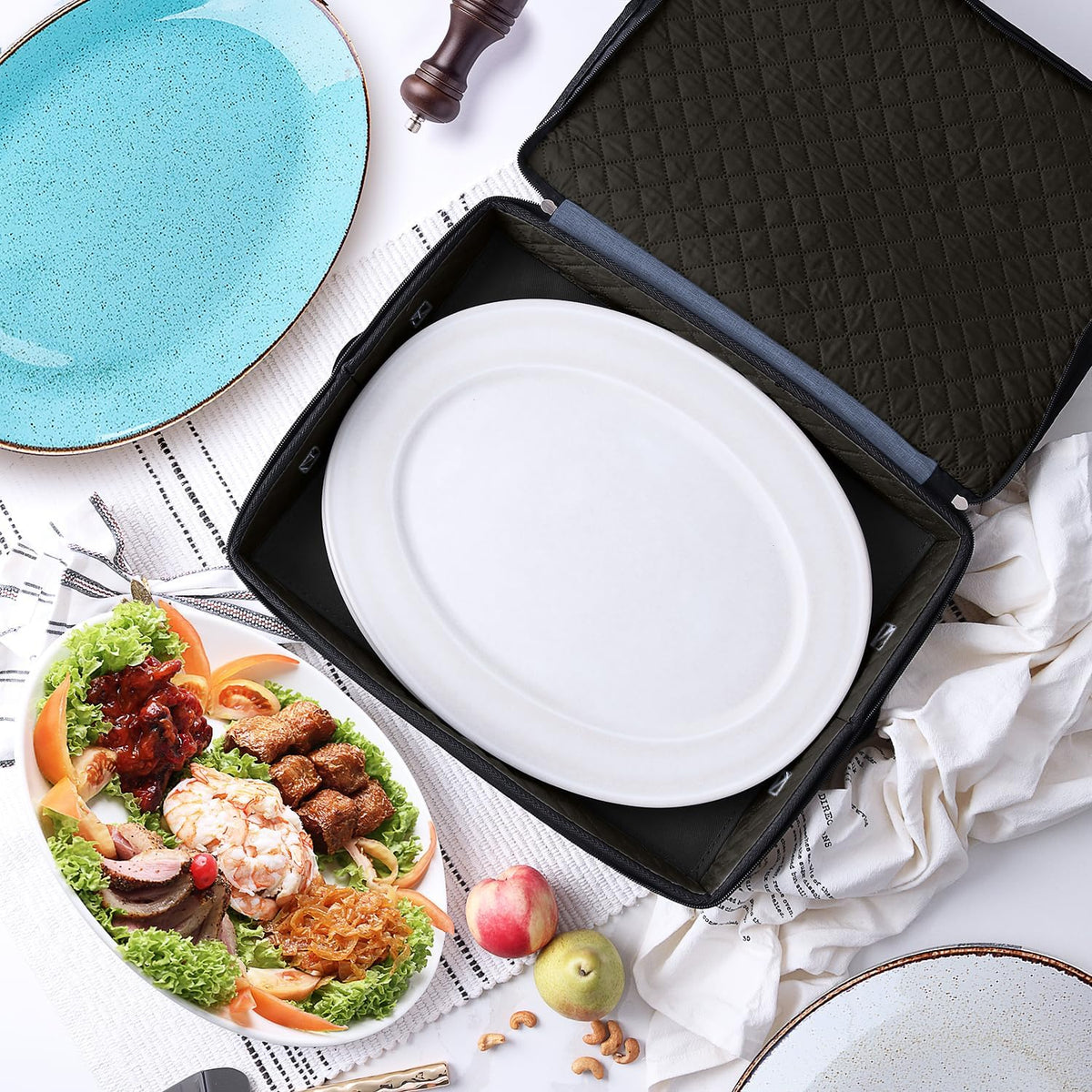 Platter Storage Case – Fine China Storage Containers Hard Shell, Quilted and Stackable 16”x 12.5”x 3.5” Platter Storage Container with Handles and Felt Dividers for Moving and Seasonal Storage, Blue