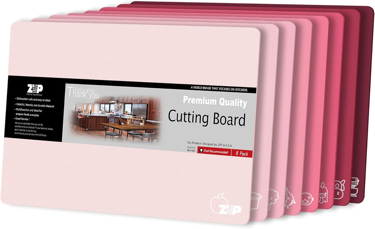 ZVP Plastic Cutting Boards for Kitchen, Flexible Cutting Mats, Gradient Pink Chopping Boards with Food Icon, Non-Slip, Non Porous, BPA Free, Dishwasher Safe