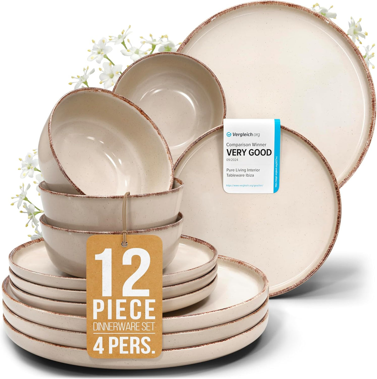 Stoneware dinnerware set 4 persons Rustic 12 pcs - Rustic design dinnerware set, dishwasher safe - Bowl and plate set - Pure Living dinnerware in beige…