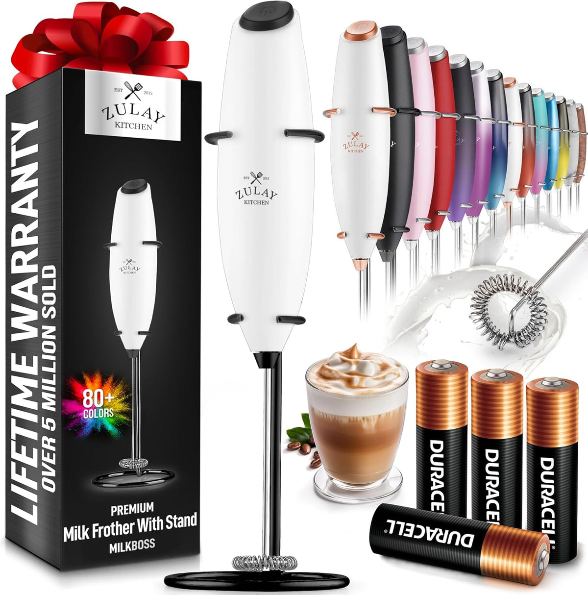 Zulay Kitchen Powerful Milk Frother Wand With 4 AA Duracell Batteries - Ultra Fast Handheld Drink Mixer - Electric Whisk Foam Maker for Coffee, Lattes, Cappuccino, Matcha & Creamer -