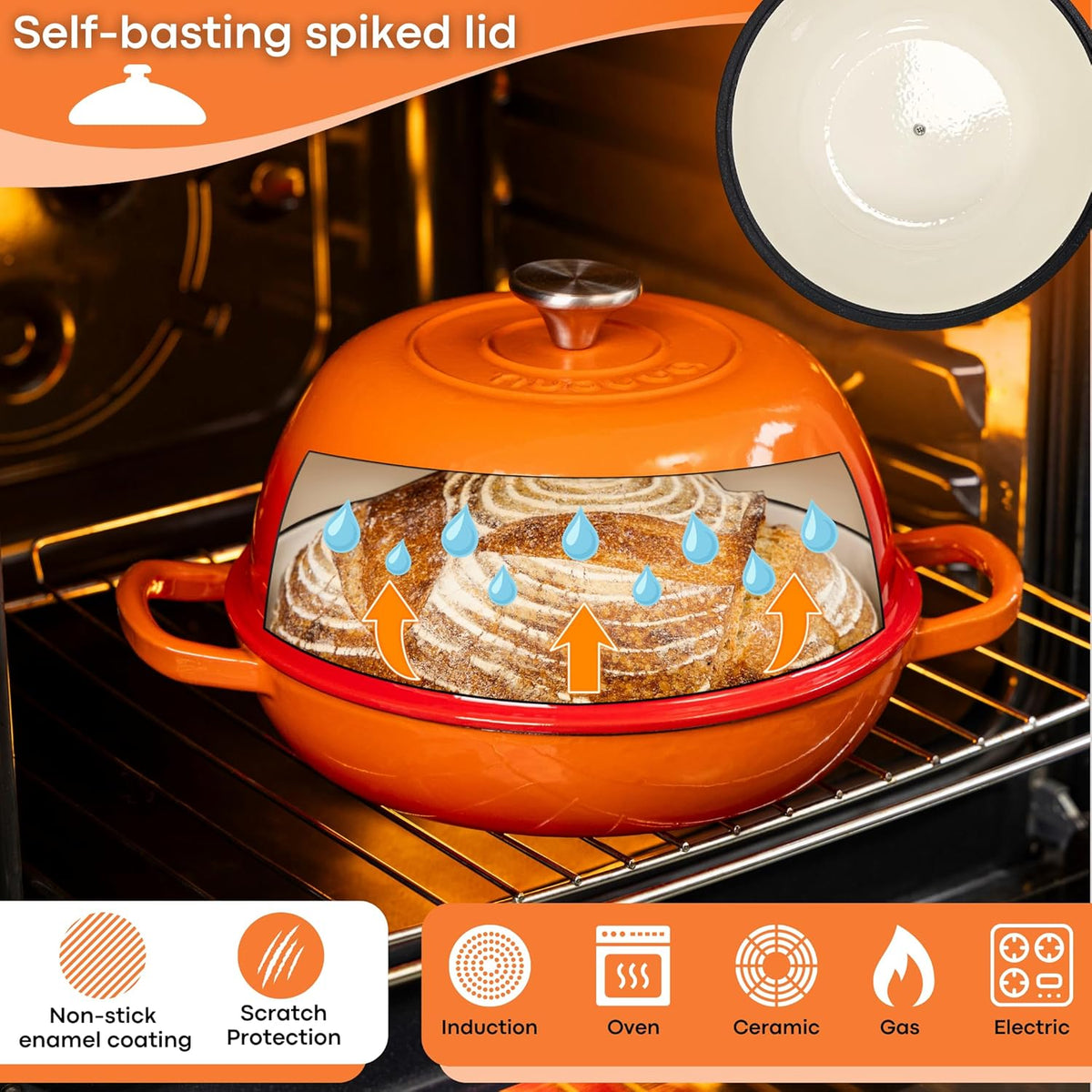 Enamelled Cast Iron Dutch Oven Pot – Dutch Oven For Sourdough Bread Baking – Cast Iron Bread Pot – Orange, 6 Quarts, 22cm – by Nuovva