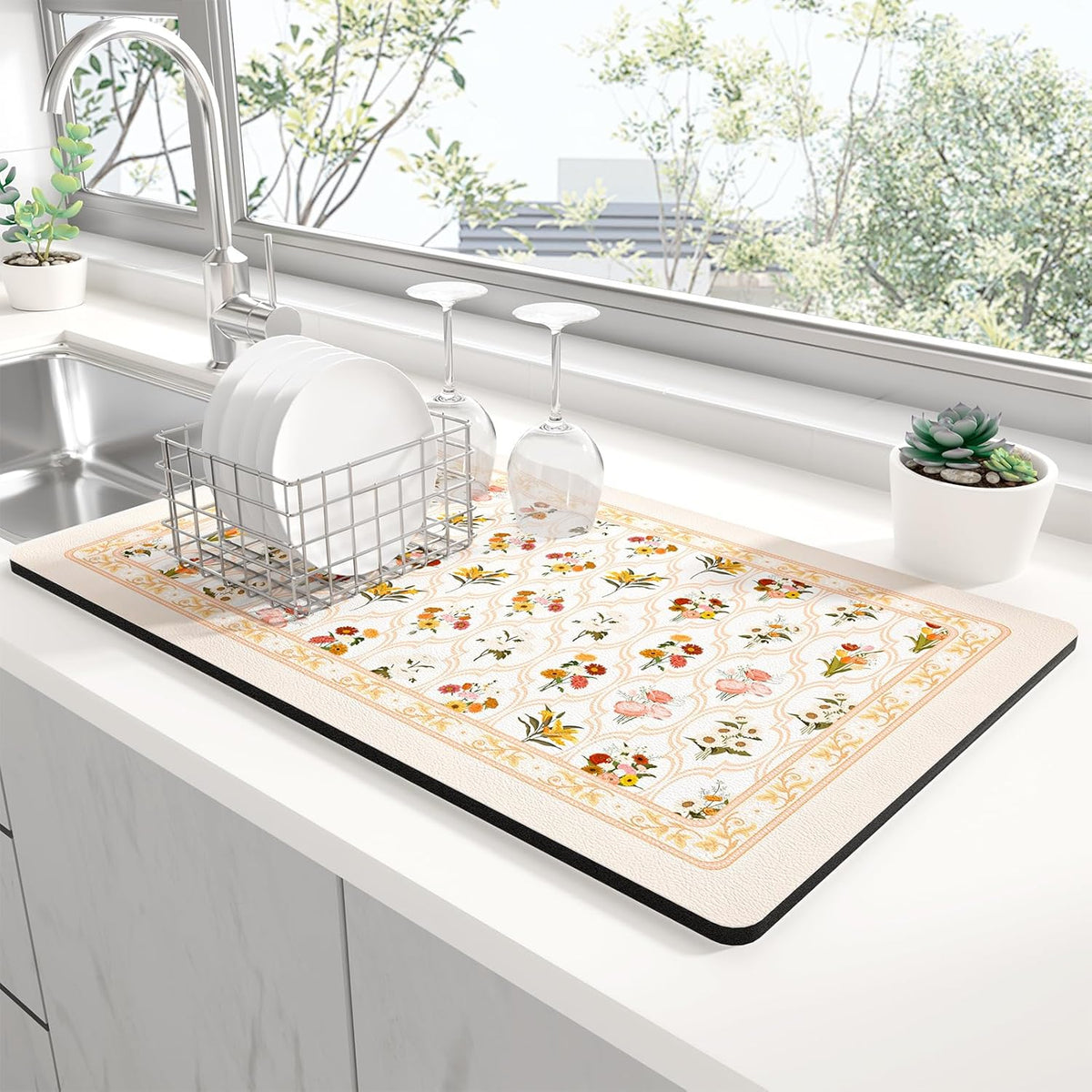 Rnivvi Dish Drying Mat for Kitchen Counter, 12 x 19" Cute Flower Theme Super Absorbent Draining Pad, Non-Slip Heat Resistant Coffee Bar Mat for Coffee Machine Station Accessories, Beige Dish Rack Pad
