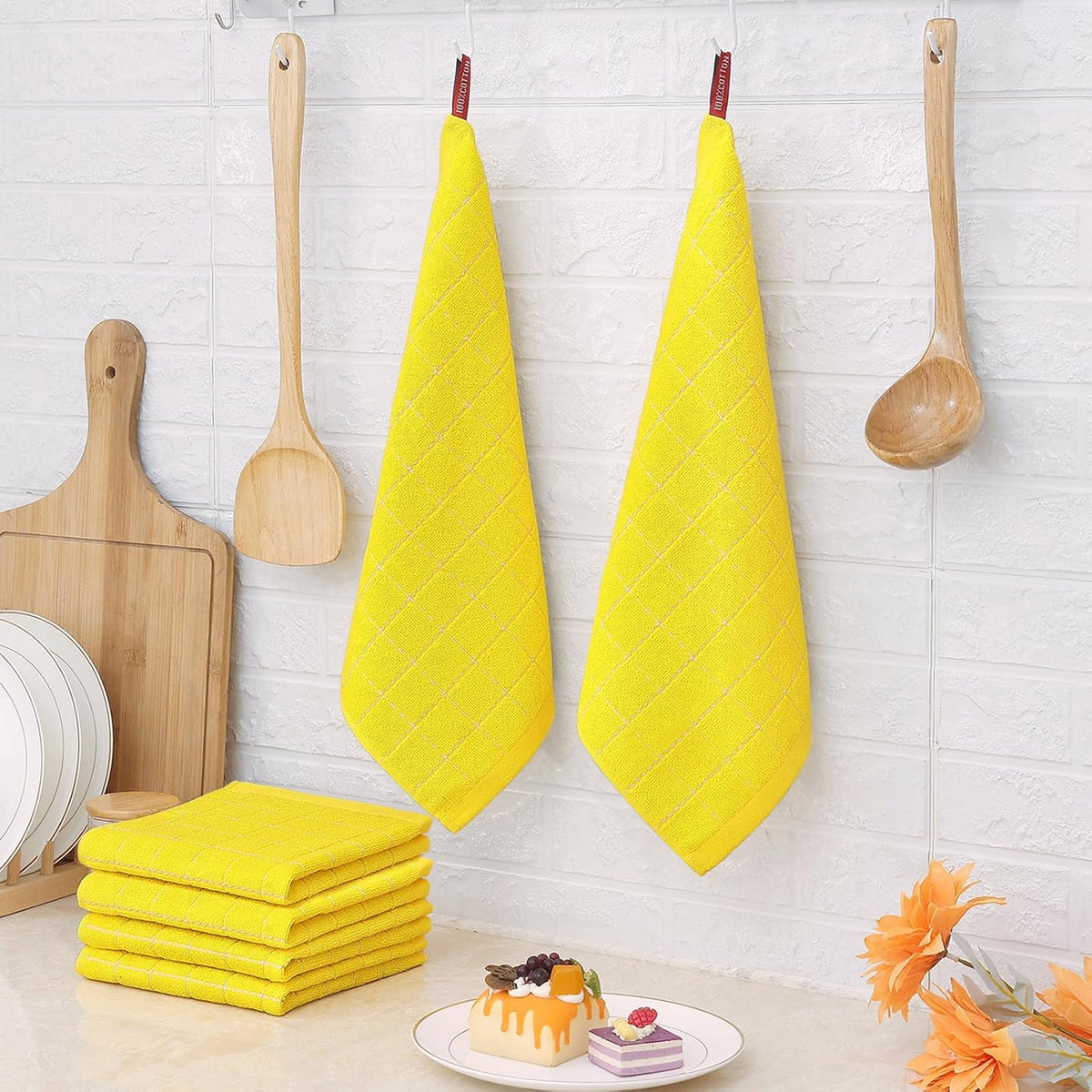 Homaxy 100% Cotton Terry Kitchen Dish Cloths, Ultra Soft and Absorbent Dish Towels for Kitchen, Perfect for Drying and Washing Dishes, 12 Pack, 12 x 12 Inches, Yellow