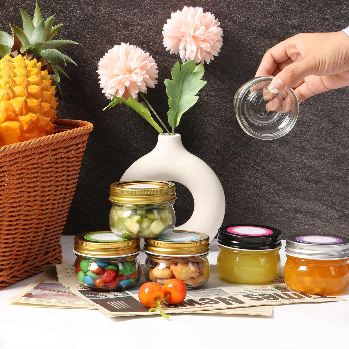 4 oz Mason Jars With Gold Lids and Bands, 24 Pack Regular Mouth Canning Jars for Jam, Honey, Yogurt, Candy, Spices, Snacks, DIY Projects, Wedding Favors- Includes 30 Stickers