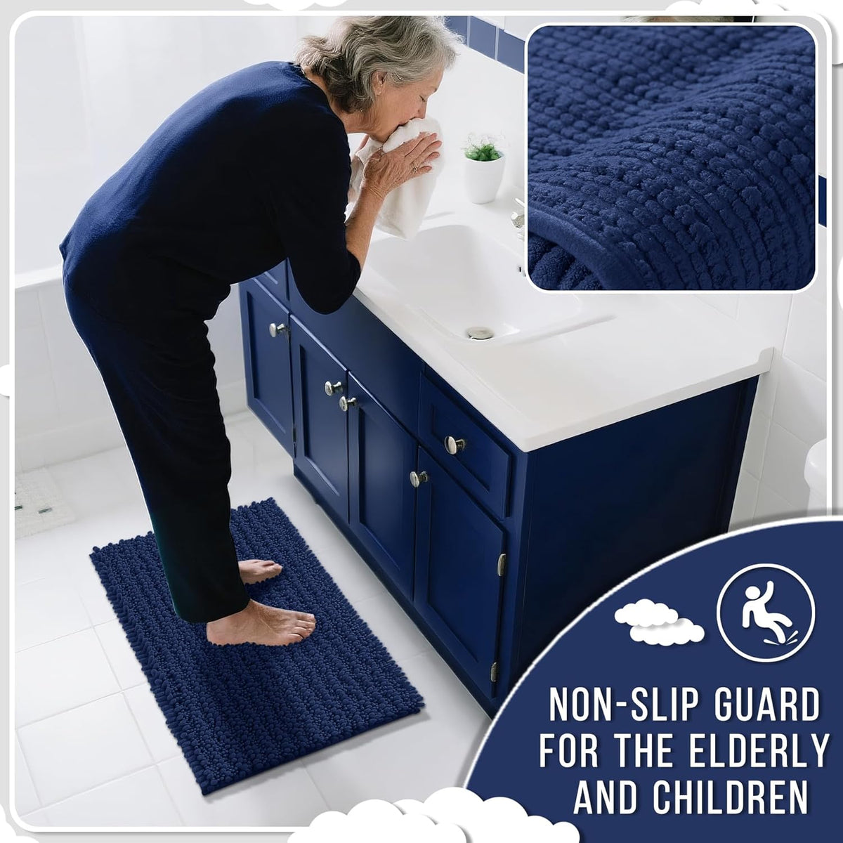 Yimobra Bathroom Rugs Non Slip Washable 32x20 Inch - Ultra Soft Absorbent Chenille Bath Mat, Quick Dry Shaggy Floor Carpet for Tub Shower, Navy Blue Home Decor Accessories