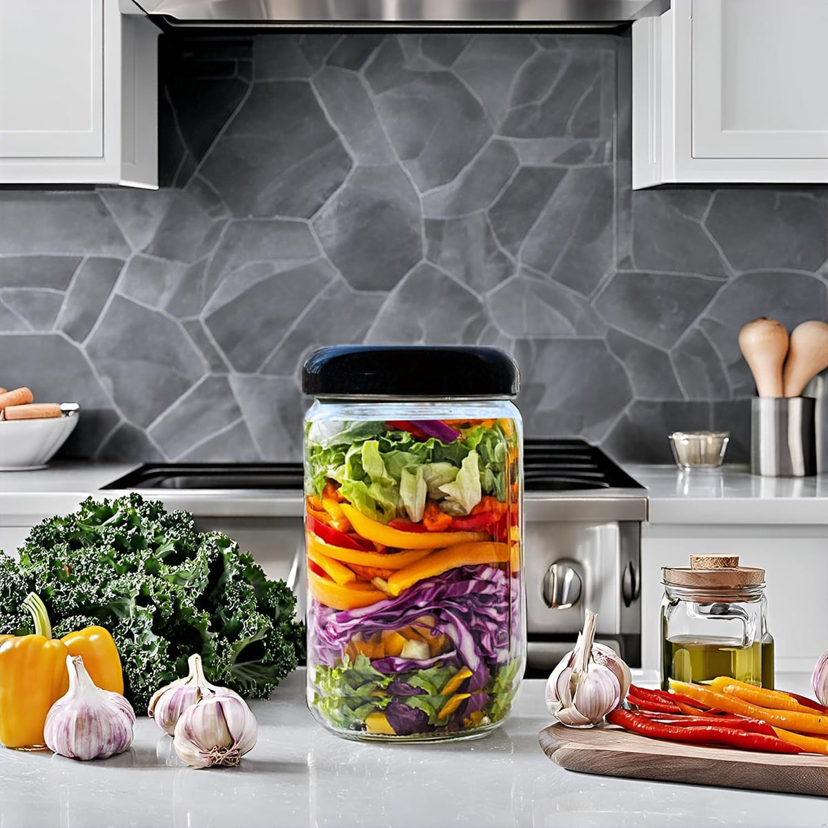 Jarming Collections 32oz Extra Wide Mouth Glass Storage Jar with BPA-Free Plastic Lid – Quart Size Airtight Mason Jar for Kitchen, Pantry, and Food Storage (3 Pack)