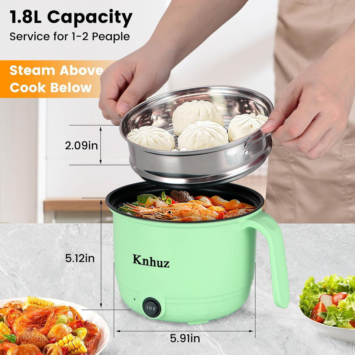 Hot Pot Electric With Steamer,Rapid Ramen Cooker,1.8L Mini Portable Self Heating Electric Pot For Cooking Noodles Oatmeal Pasta,Shabu Shabu Hotpot Pot Electric Dorm Lazy Pot,Non-Stick Green