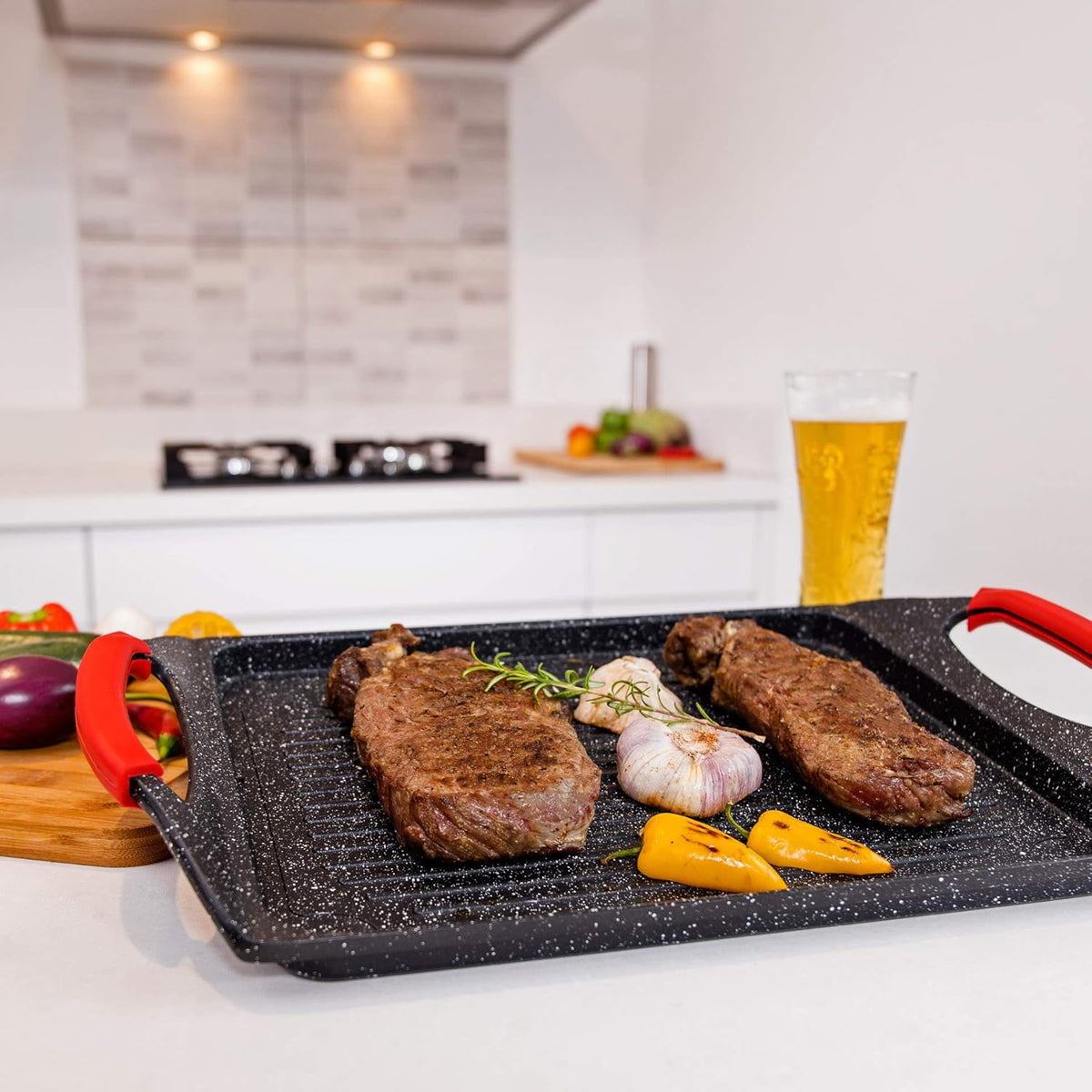 Moss & Stone Griddle Aluminum Bbq, 18x10.5 Rectangle Grill Pan for Indoor Cooking, Non-stick Flat Top Griddle Pan for Stove, For Fish Vegetables & As Steak Pan, StoveTop Induction Grill