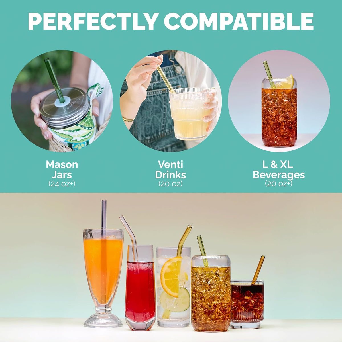 Simply Straws 8 Inch Glass Straws Straight (6-Pack) – Reusable Glass Straws for Pints & Juice Drinkware, with Cleaning Brush – Dishwasher Safe, Hot & Cold Use, BPA-Free (Cote d'Azur)