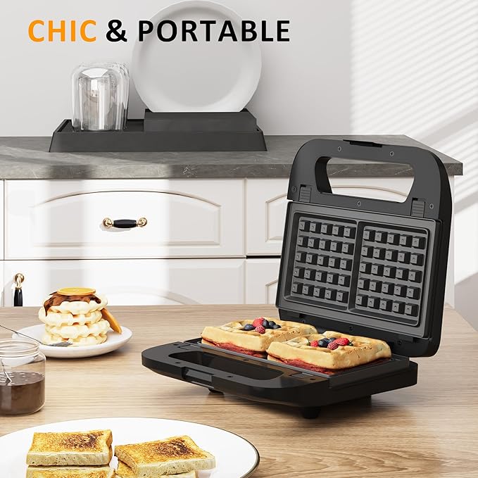 3 in 1 Electric Sandwich Maker, Panini Press Grill and Waffle Iron Set, Grill and Sandwich Press with Removable Non-Stick Plates, Indicator Lights & Cool Touch Handle, 750W, Black
