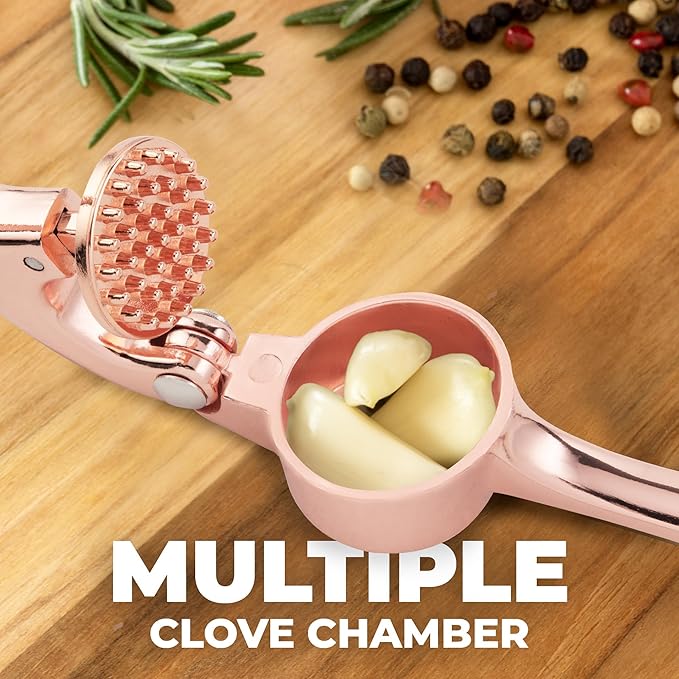 Zulay Kitchen Premium Garlic Press - Durable Garlic Masher with Soft, Easy to Squeeze Handle - Garlic Mincer Tool - Sturdy Easy to Clean Garlic Crusher (Rose Gold)