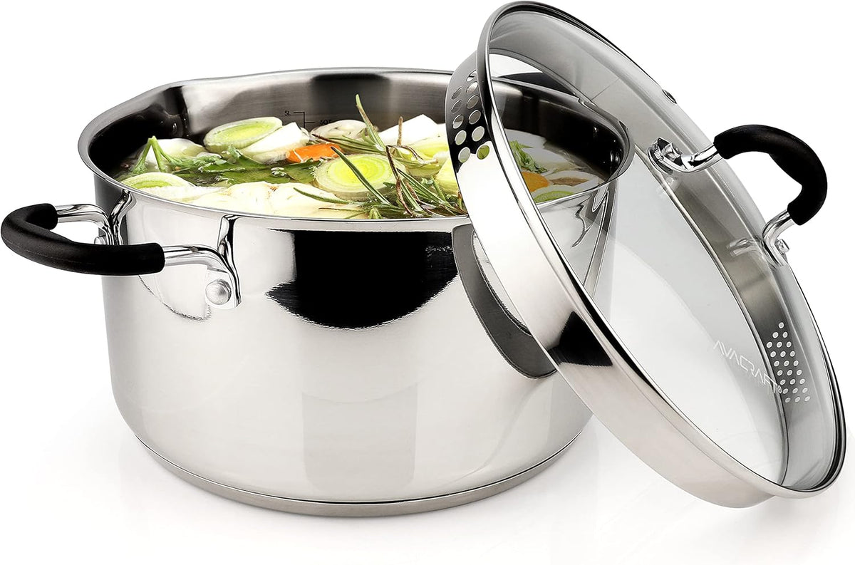 AVACRAFT Stainless Steel Stockpot with Glass Strainer Lid, 6 Quart Stock Pot, Saucepan cookware, Side Spouts, Multipurpose, Sauce, Soup, Induction Pan, (5-Ply Capsule Bottom, 6QT)