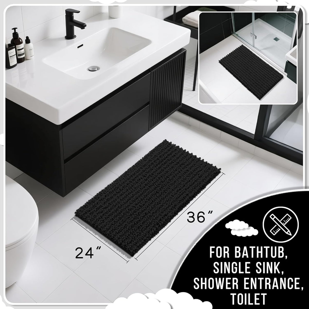 Yimobra Large Bathroom Rugs Non Slip Washable 36x24 Inch - Ultra Soft Absorbent Chenille Bath Mat, Quick Dry Shaggy Floor Carpet for Tub Shower, Black Home Decor Accessories