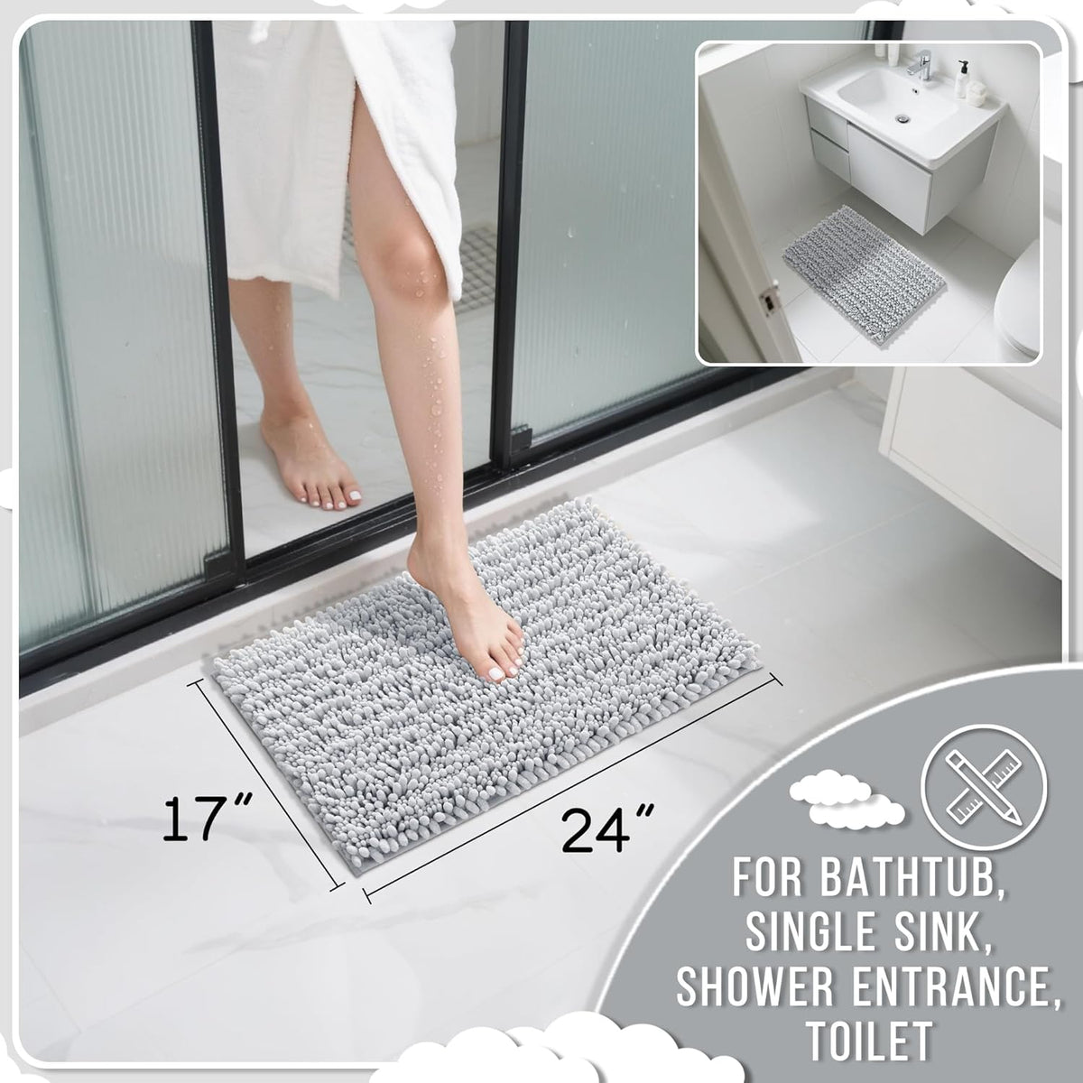 Yimobra Bathroom Rugs Non Slip Washable 24x17 Inch - Ultra Soft Absorbent Chenille Bath Mat, Quick Dry Shaggy Floor Carpet for Tub Shower, Silver Home Decor Accessories