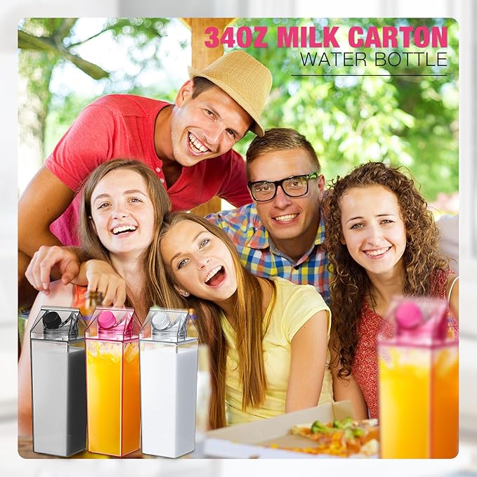 Remerry 3 Pcs Milk Carton Water Bottle Square Plastic Coffee Portable Reusable Milk Carton Cup Leakproof Juice Bottle