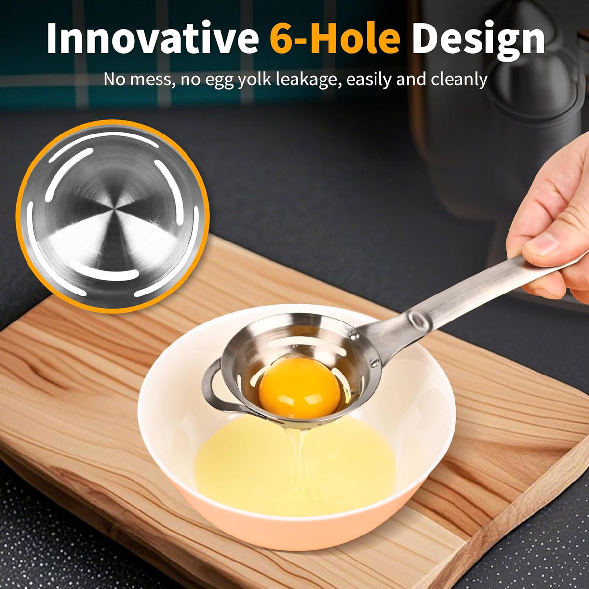 Stainless Steel Egg Yolk White Separator for Raw Eggs,6-Hole Design, Quick Egg Yolk & White Separation, Kitchen Tool for Cooking & Baking