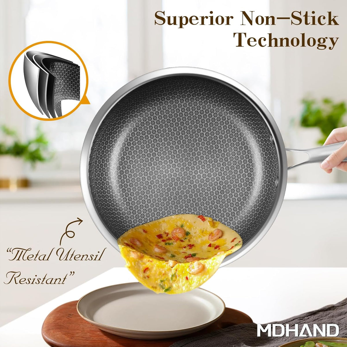 MDHAND 12 Inch Nonstick Frying Pan, Premium Stainless Steel Skillet with Stay-Cool Handle, No Coating, Dishwasher-Friendly, Oven-Safe, Induction Ready, Compatible with All Cooktops