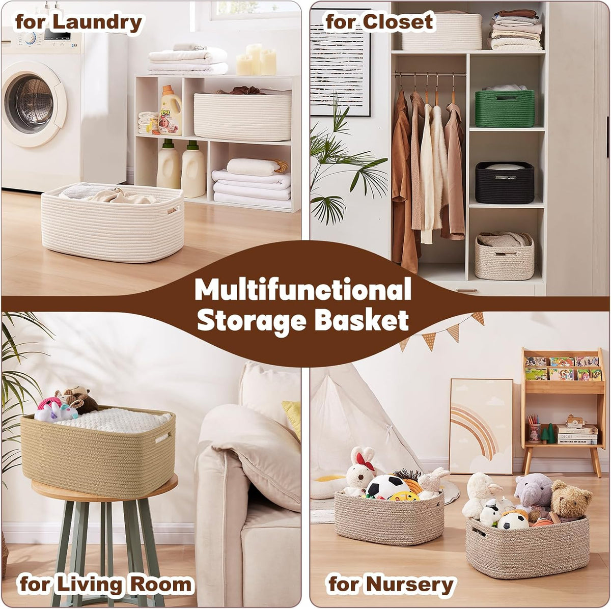 OIAHOMY Storage Basket for Shelves, Closet Cube Storage Bins Baskets for Clothes Blanket Towels, Baby Nursery, Toy Baskets Box, Woven Rope Basket, 17.72*12.99*7.87 IN, 2 Packs Brown