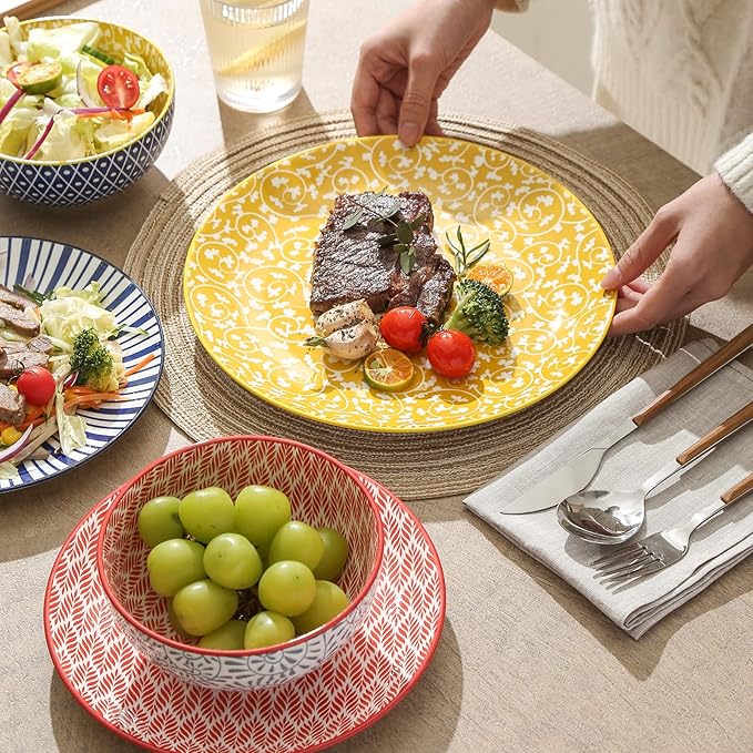 Selamica Ceramic Dinnerware Sets, 12-Pieces Plates and Bowls Sets, Scratch Resistant Dishes set for 4, Dishwasher & Microwave Safe, Assorted Colors