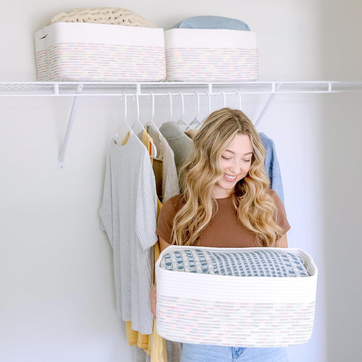 NaturalCozy Storage Baskets 16.8”x13”x7.6” Cotton Rope Woven Baskets for Organizing 3-Pack | Toy Storage Bins | Basket for Shelves, Laundry, Blanket, Clothes, Closet, Kitchen, Bathroom, Gifts