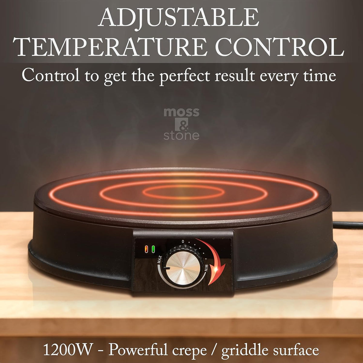 Moss & Stone 12 Inch Electric Griddle & Crepe Maker Machine. Electric Crepe Maker with Adjustable Temperature for Blintzes Pancakes & Tortilla, Non-Stick Crepe Pan & Batter Spreader & Spatula