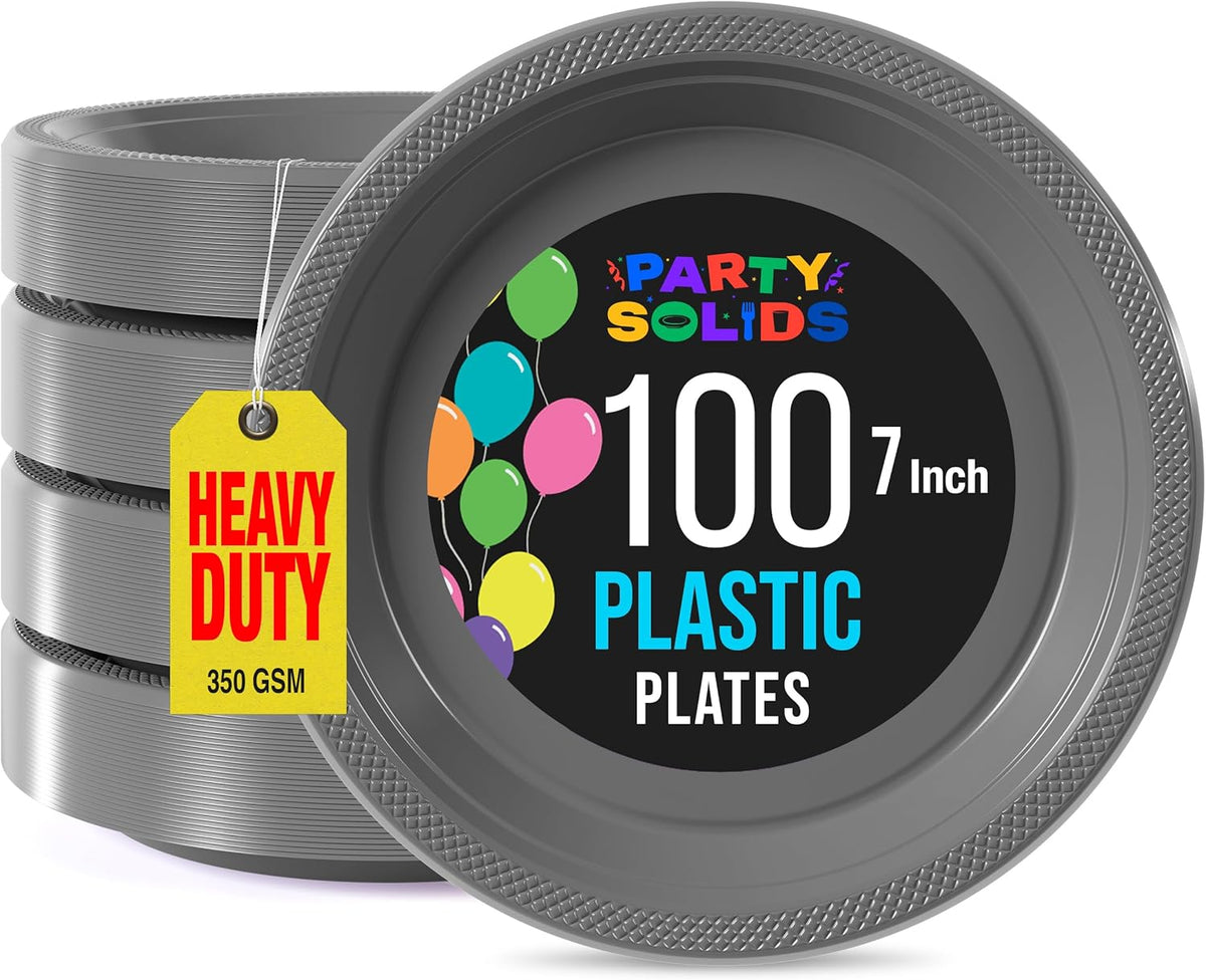 Exquisite Party Solids Silver Plastic Plates For Party 7" Silver Disposable Plates Heavy Duty Supplies 100 Pcs Plastic Dinnerware Sets Heavy Duty 350 GSM Disposable Dinnerware Set